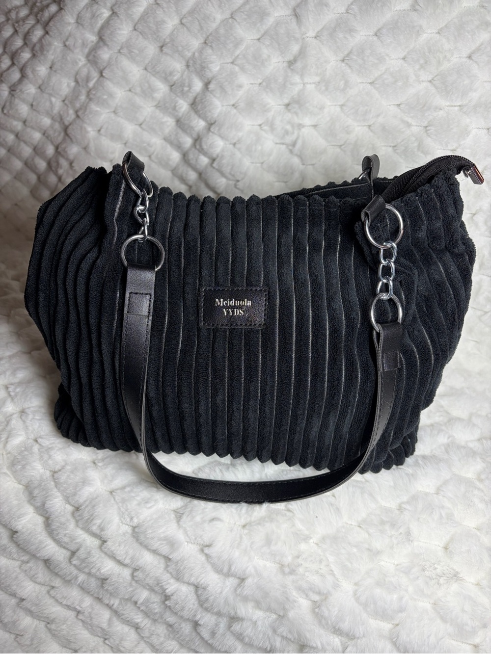 Meiduola YVDS Black Ribbed Shoulder Bag with Chain Detail